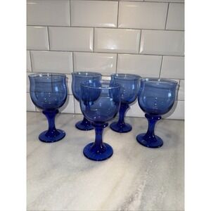 Retro Libbey Clarion Cobalt Blue Wine Water Glasses Stemware Barware Set Of 5